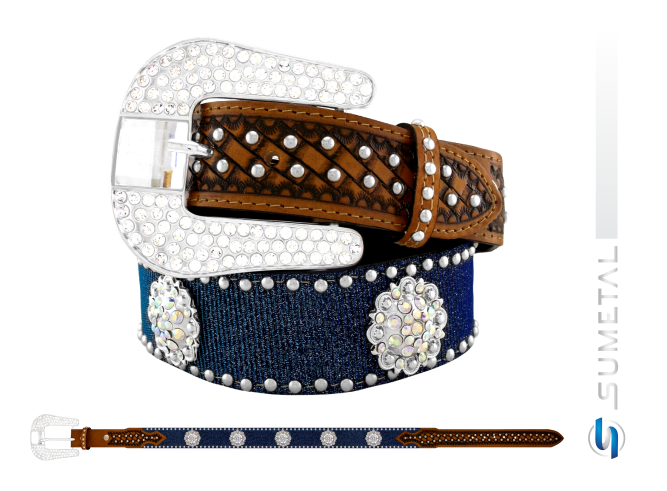 CT0200 Cinto Country Gliter Azul Caramelo Destacado Com Margarida Boreal e Cravo Com Fivela de Strass