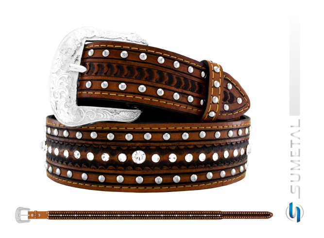 CT0068 Cinto Country Com Strass e Cravos Caramelo Destacado