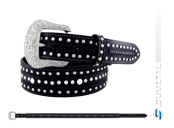 CT0068 Cinto Country Com Strass e Cravos Preto