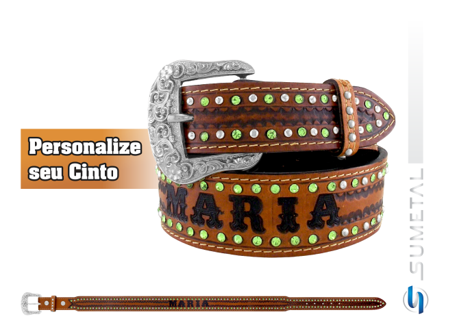 CT0108 Cinto Country Nome Personalizável Caramelo Destacado Com Fivela Comum