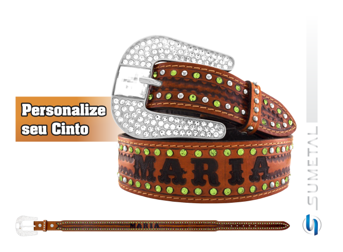 CT0108 Cinto Country Nome Personalizável Caramelo Destacado Com Fivela de Strass