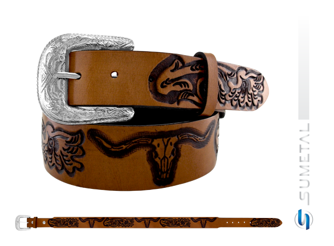 CT0186 Cinto Country Longhorn Floral Caramelo Destacado Sem Costura