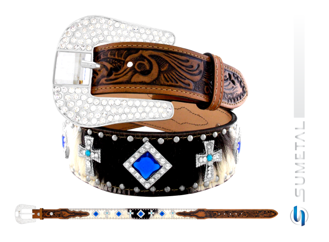 CT0190 Cinto Country Chaton Azul E Cruz Caramelo Destacado Com Fivela De Strass