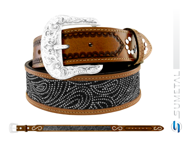 CT0196 Cinto Country Tecido Floral Preto Caramelo Destacado Com Strass e Fivela Comum