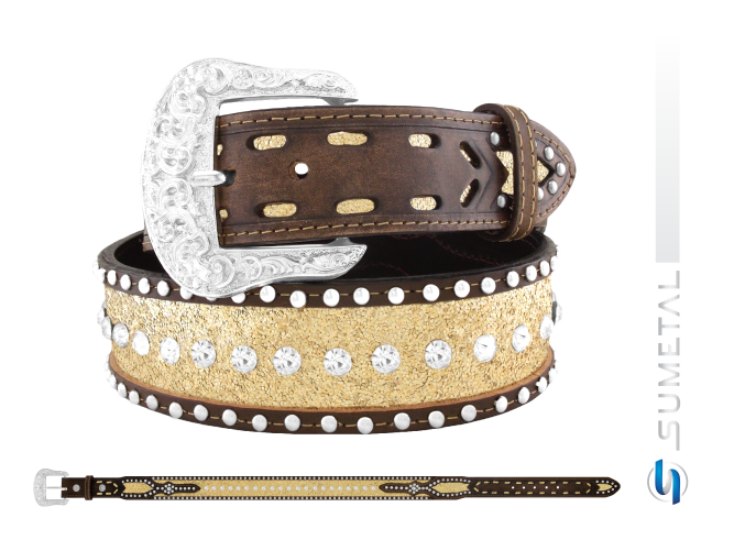CT0199 Cinto Country Gliter Dourado Caramelo Destacado Com Strass e Cravo Com Fivela Comum
