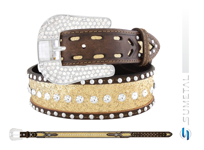 CT0199 Cinto Country Gliter Dourado Caramelo Destacado Com Strass e Cravo Com Fivela de Strass