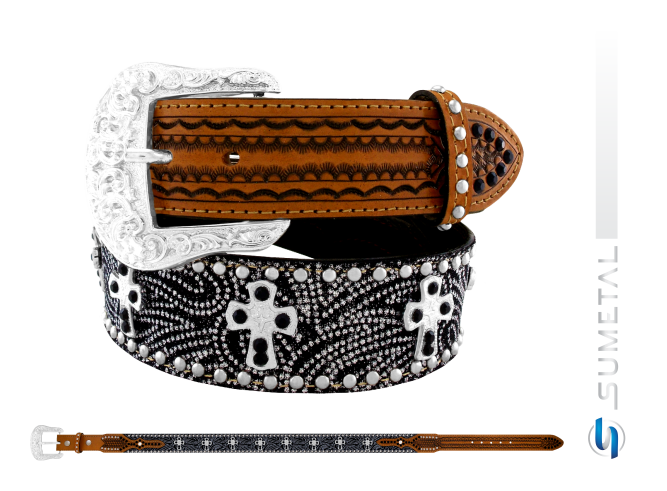 CT0201 Cinto Country Tecido Preto Strass Caramelo Destacado Com Cruz e Cravo Com Fivela Comum