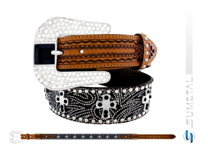 CT0201 Cinto Country Tecido Preto Strass Caramelo Destacado Com Cruz e Cravo Com Fivela de Strass