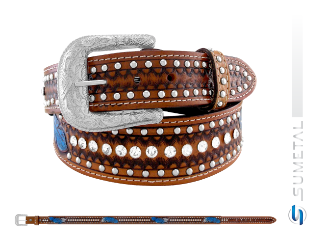 CT0215 Cinto Country Pena Azul Caramelo Destacado Com Strass