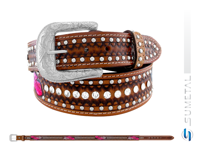 CT0215 Cinto Country Pena Rosa Caramelo Destacado Com Strass