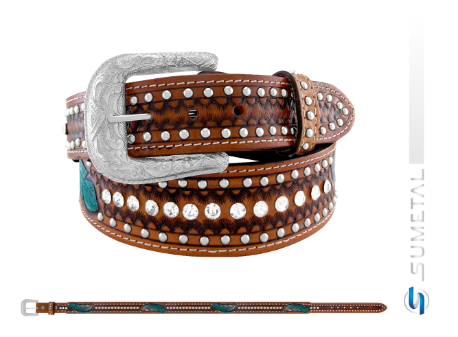 CT0215 Cinto Country Pena Turquesa Caramelo Destacado Com Strass