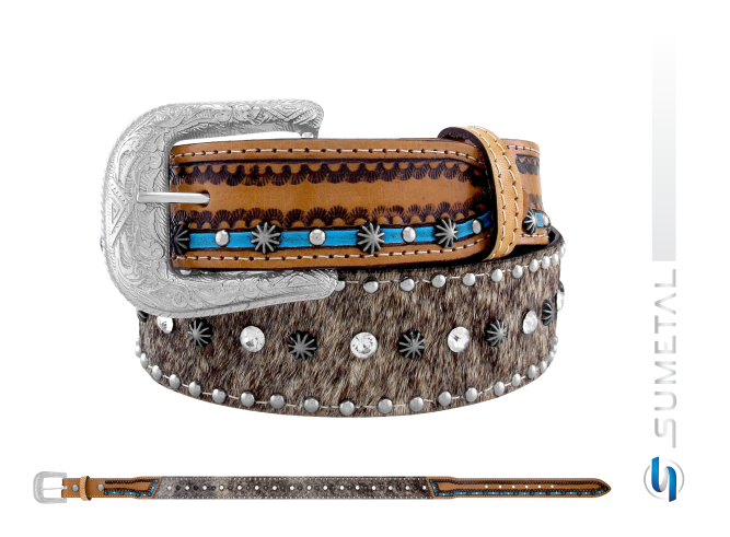 CT0216 Cinto Country Pelo Com Linha Azul Caramelo Destacado Com Strass E Cravo