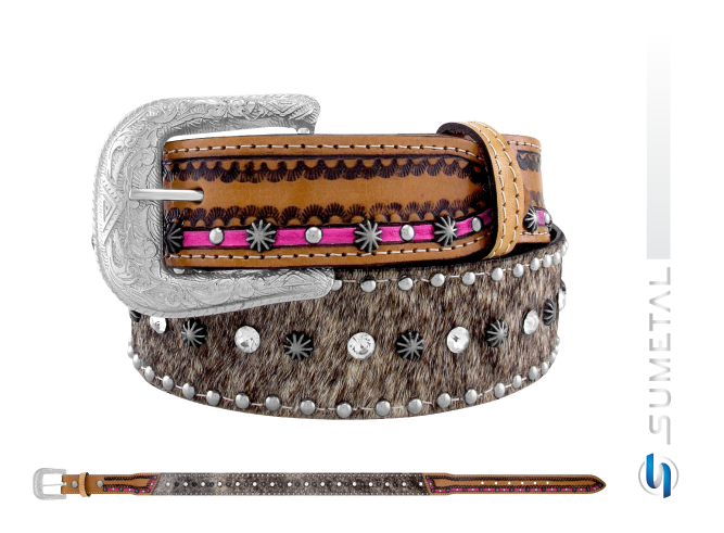 CT0216 Cinto Country Pelo Com Linha Rosa Caramelo Destacado Com Strass E Cravo