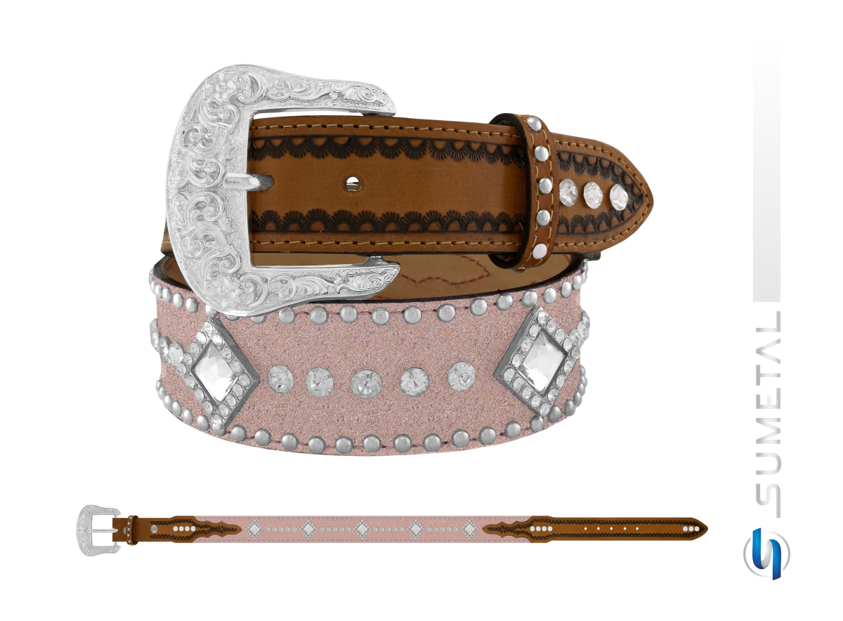 CT0204 Cinto Country Glitter Rose e Chaton com Fivela Comum
