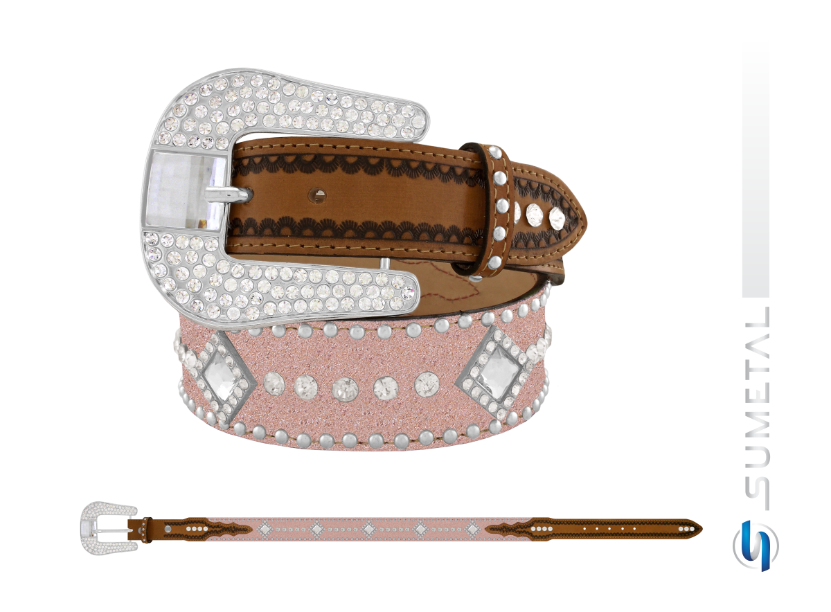 CT0204 Cinto Country Glitter Rose e Chaton com Fivela Strass